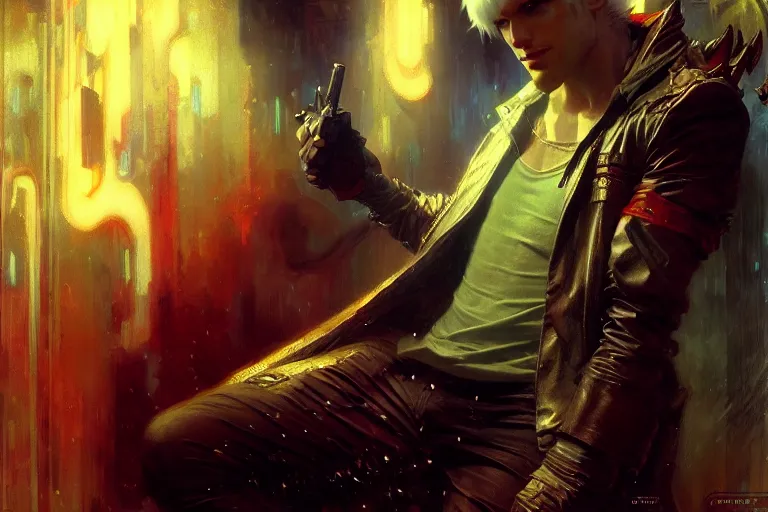 Image similar to winter, attractive male, devil may cry game neon light, cyberpunk, painting by gaston bussiere, craig mullins, j. c. leyendecker