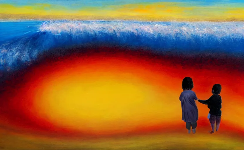 Image similar to two children hugging in the far distance as a giant tsunami approaches, sad, doomsday, end of the world, abstract art, oil painting