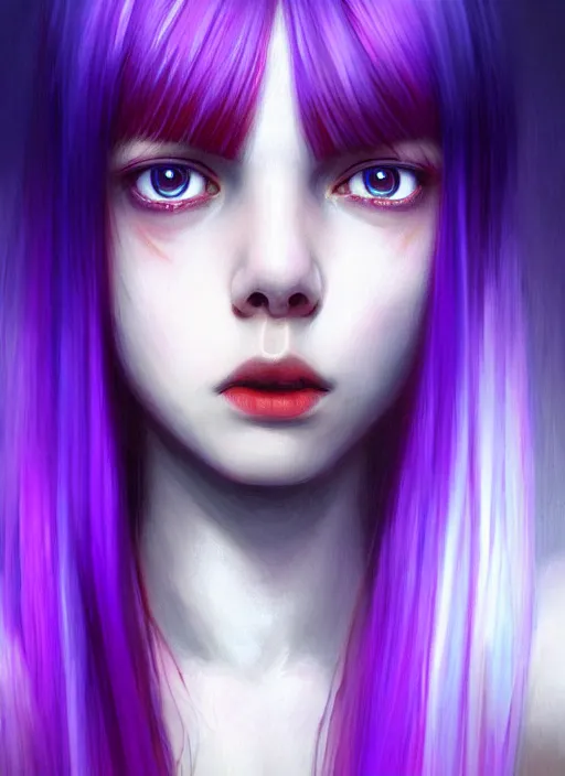 Image similar to hair whitebangs hair, black hair, whitebangs, portrait of teenage girl with white bangs, red irises, purple clothes, white bangs, bangs are different color from hair, intricate, elegant, glowing lights, highly detailed, digital painting, artstation, concept art, smooth, sharp focus, illustration, art by wlop, mars ravelo and greg rutkowski