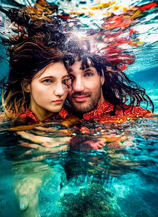 Prompt: detailed colourful masterpiece of photography by couple portrait sat down extreme closeup, love, inside an underwater train, detailed realistic expressions, wearing unusual clothes, by frederic leighton, ultra wide angle