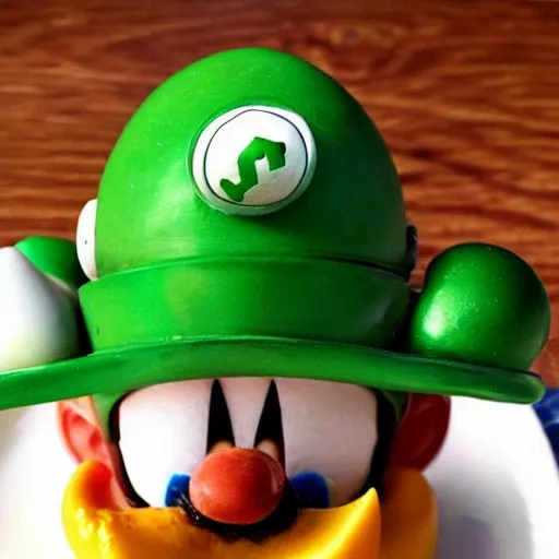 Prompt: Super Mario eating Luigi with a knife and fork on a toad mushroom