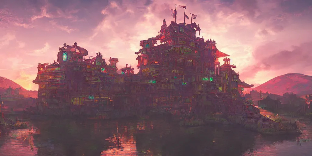 Image similar to cyberpunk fantasy valley floating castle stylized digital illustration sunset hue cinematic atmosphere retro kingdom civilization architecture iridescence steampunk global illumination ray tracing