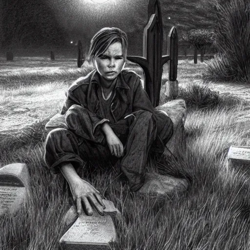 Image similar to stand by me river phoenix leaning on a grave stone, sadness, matte detailed photo, DeviantArt, Artstation, by donato giancola, ralph horley, loish, cinematic lighting