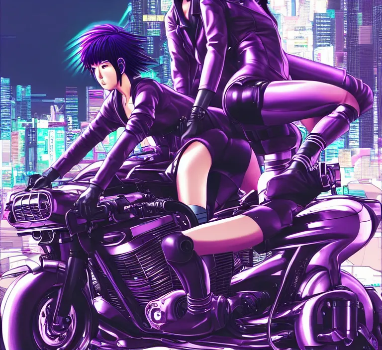 Image similar to motoko kusanagi riding a cyberpunk vehicle in a grungy cyberpunk megacity, bosozoku gang war, cyberpunk vaporwave, by phil jimenez, artgerm, sola digital arts, anti aliasing, raytracing