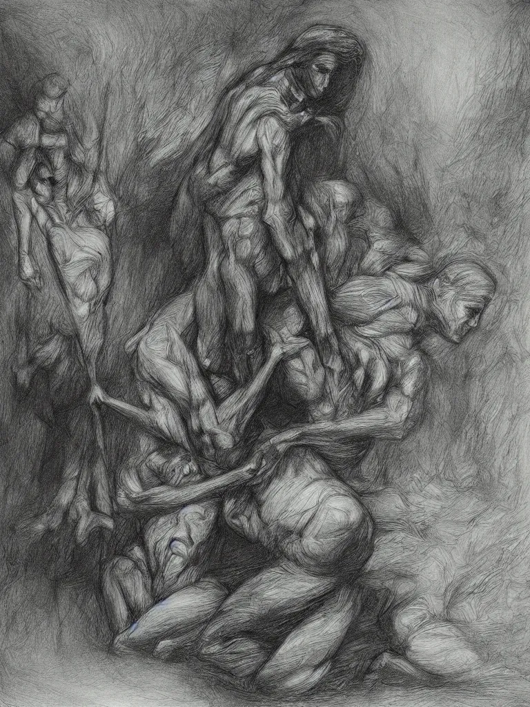 Image similar to inside my nightmares, charcoal detailed drawing, Greg Rutkoski style, Gustave Dore style,