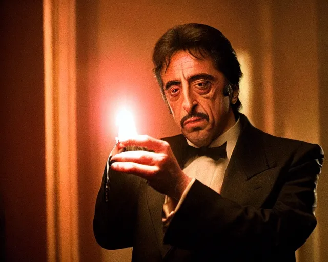 Image similar to mafioso ( al pacino ) examines a magical glowing object ; scene from the modern hbo mini series / the outfit /, a supernatural mafia crime thriller about magical monster - hunting mafiosi in philadelphia, hd 8 k film photography, with modern supernatural horror aesthetic.
