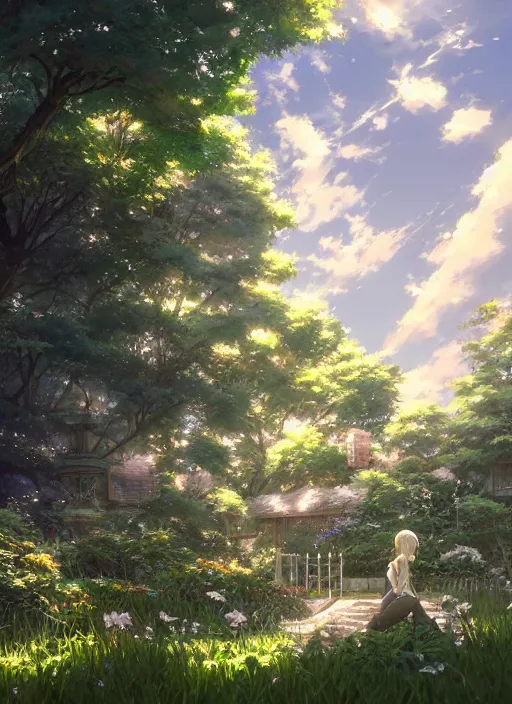 Image similar to the emerald herald in the garden, intricate, tone mapped, highly detailed, digital painting, pixiv, concept art, smooth, sharp focus, illustration, by makoto shinkai and akihiko yoshida