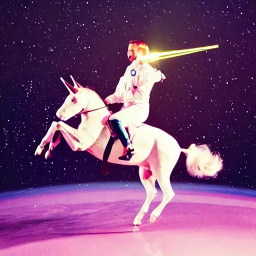 Image similar to justin timberlake riding a pink unicorn in space, cinestill 8 0 0 t, award winning photograph, taken in 1 9 9 9