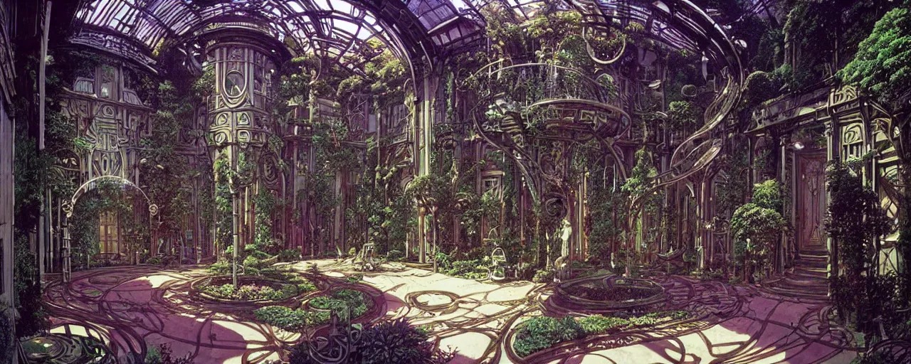 Image similar to a luxurious scifi futuristic victorian garden courtyard by killian eng, moebius, philippe druillet