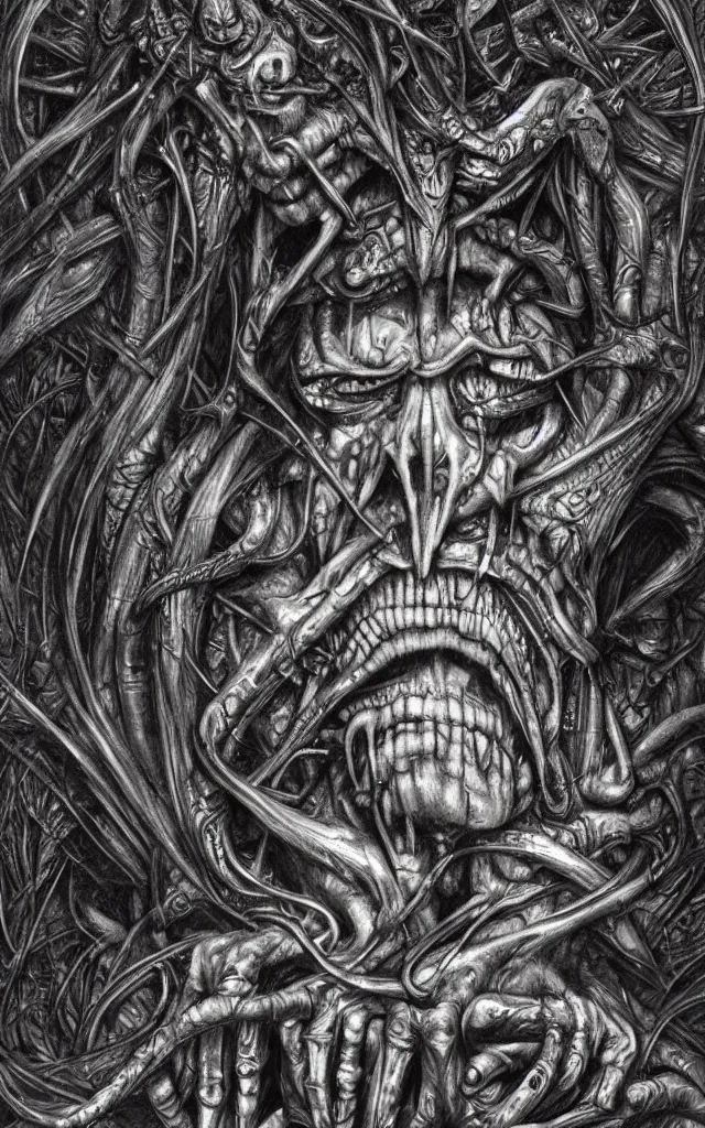 Prompt: by h. r. giger, by wlop, pencil art, monochrome, evil, in a symbolic and meaningful style, insanely detailed and intricate, hypermaximalist, elegant, ornate, hyper realistic, super detailed, a monster in a dark forest