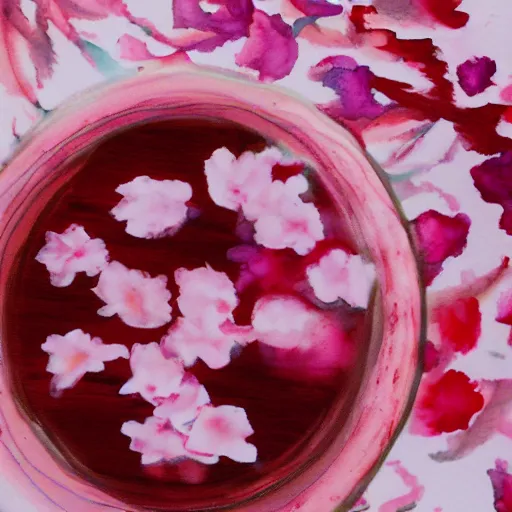 Prompt: water paint top view of a cup of sakura petals pink tea