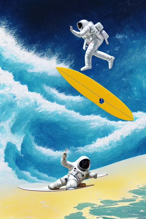 Image similar to an amazing digital painting of an astronaut in a white and royal blue luxurious space suit surfing the great wave of Kanagawa on a futuristic surfboard at Pamukkale, thermal waters flowing down multiversal gold travertine terraces by greg rutkowski, photorealistic, trending on artstation, highly detailed, unreal engine, octane render