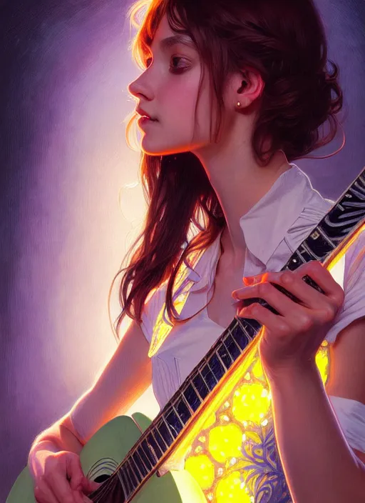 Prompt: portrait girl playing guitar in a tv screen, intricate, hivis, elegant, beautiful, highly detailed, digital painting, artstation, concept art, smooth, sharp focus, illustration, art by artgerm and greg rutkowski and alphonse mucha