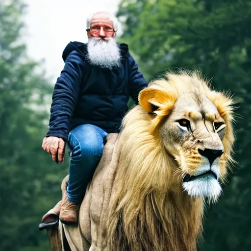 Image similar to old man ( long white beard and a hood ) riding on lions back