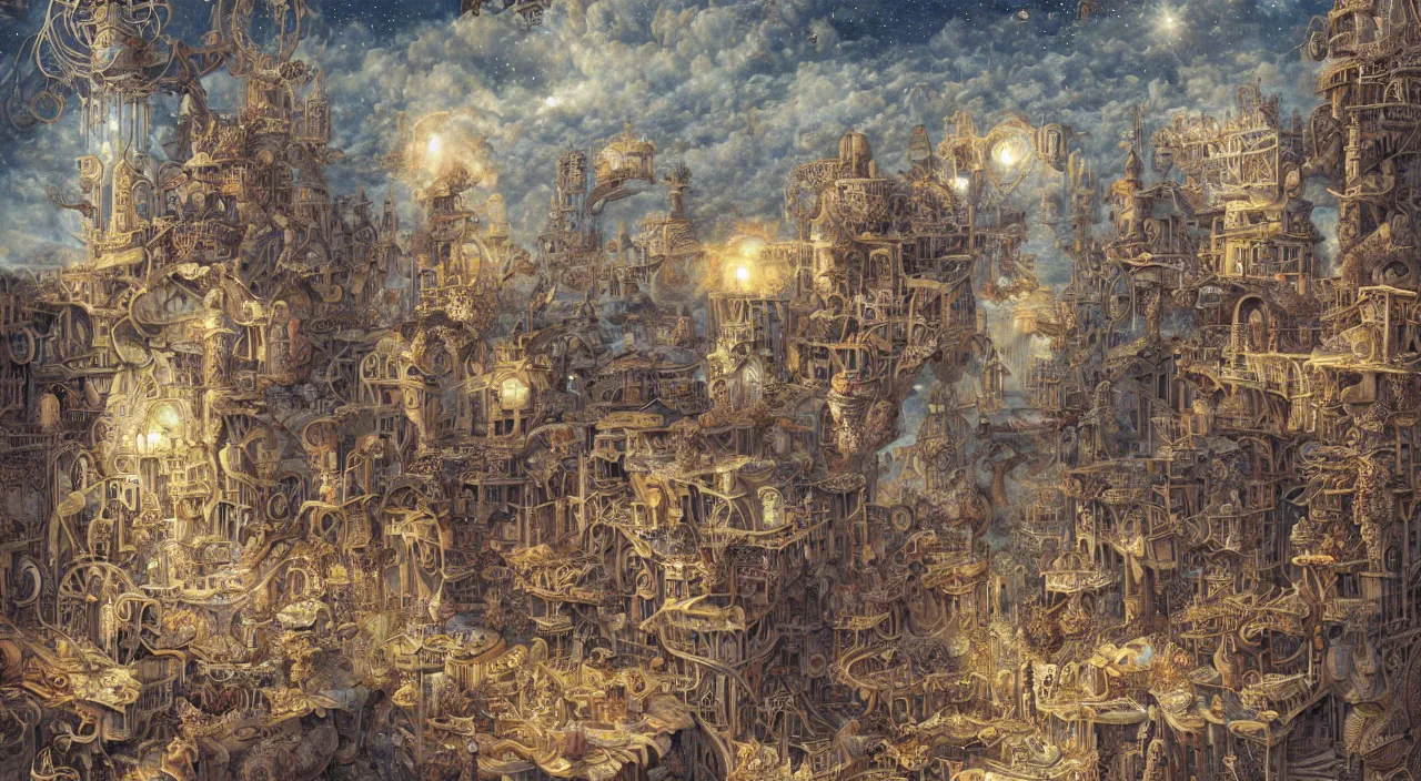 Image similar to pastel colours, guido borelli da caluso, richard dadd, smooth paper with detailed line work, Mandelbulb, Exquisite detail perfect symmetrical, silver details, hyper detailed, bold intricate ink illustration, smooth textures, steampunk, smoke, neon lights, starry sky, steampunk city, liquid polished metal, by jesper ejsing