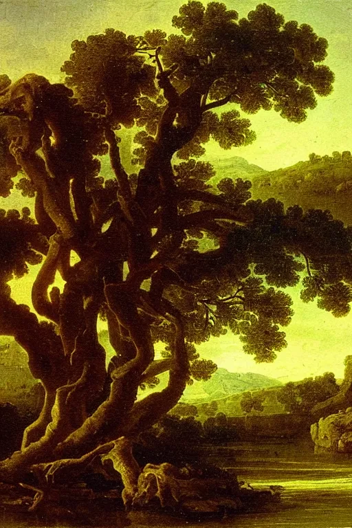 Image similar to oil painting of a old tree next to a raging river by claude lorrain