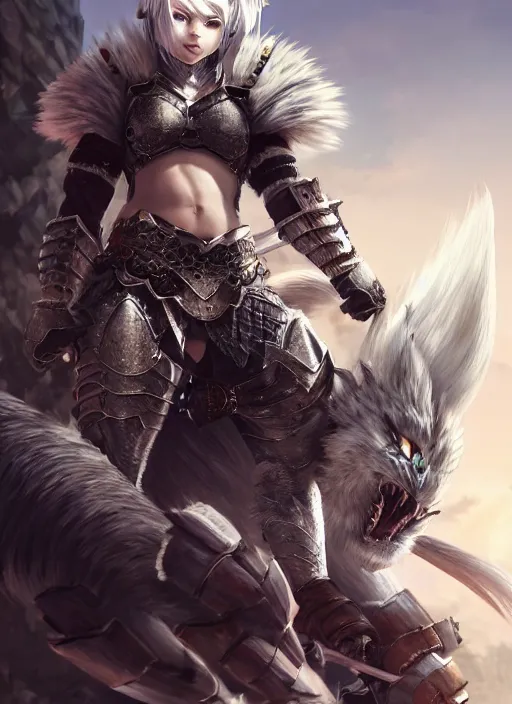 Image similar to warrior, fur - lined heavy armor!!! beautiful and athletic white hair female!! monster hunter!! character concept art, sharp focus, octane render! unreal engine 5! highly rendered!! trending on artstation!! detailed linework!! illustration by artgerm, wlop, and chie yoshii