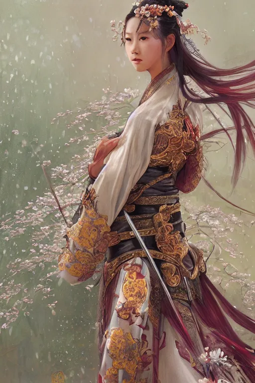 Image similar to portrait wuxia sword dance Girl, ancient chinease costume, in forbidden City Rainning, flowers sea everywhere, ssci-fi, fantasy, intricate, very very beautiful, elegant, highly detailed, digital painting, artstation, concept art, smooth, sharp focus, illustration, art by tian zi and WLOP and alphonse mucha