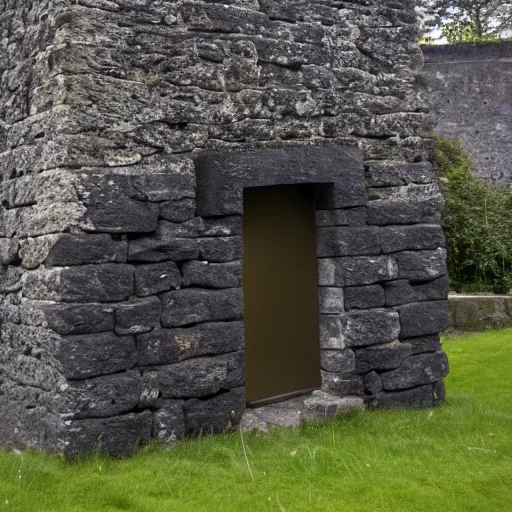 Prompt: ancient scottish dark stone blackhouse designed by le corbusier. fujinon premista 1 9, 4 5 mm