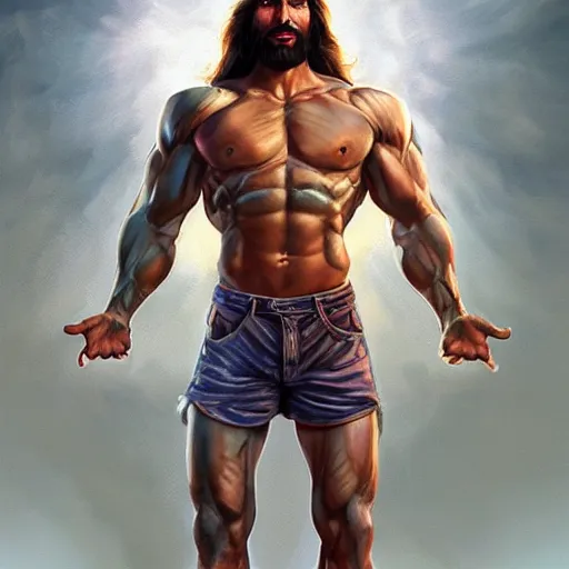 Prompt: Muscular jesus, digital art by Mandy Jurgens and Irina French and Heraldo Ortega , hyperdetailed, artstation, cgsociety