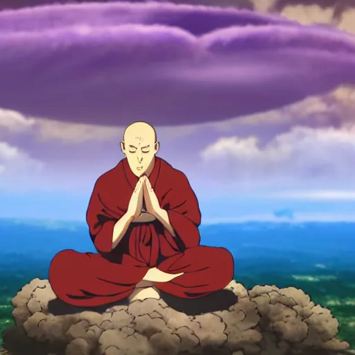 Prompt: illustration of a levitating monk meditating within the centre of a peaceful swirling atom as he fights off evil clouds of smoke, studio ghibli, ultra hd