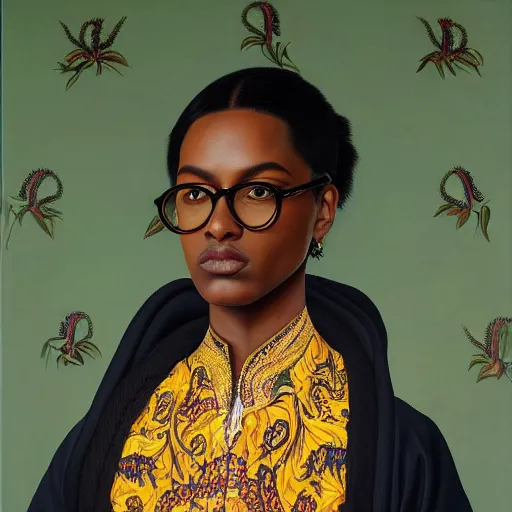 Prompt: A portrait of a slender stylish and attractive non-binary person, dark skin tone, Indian, oil painting by Kehinde Wiley, majestic, detailed, high resolution