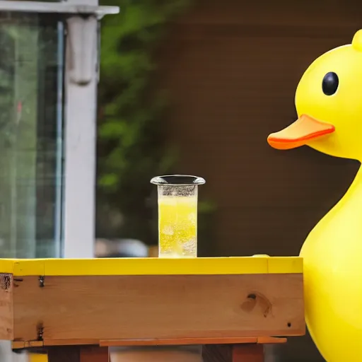 Prompt: a yellow human sized duck standing next to a lemonade stand, cartoon, high resolution