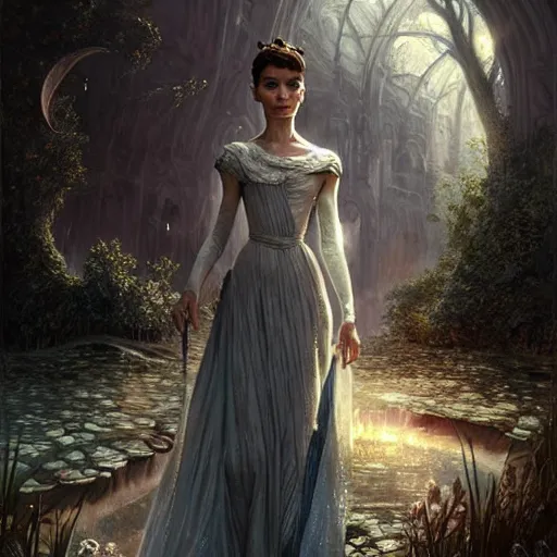 Image similar to audrey hepburn as a fary in an epic fantasy novel, various backgrounds, intricate, elegant, highly detailed, digital painting, artstation, matte, illustration, art by artgerm, greg rutkowski, tom bagshaw