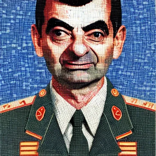 Image similar to a Soviet mosaic of Mr. Bean in military uniform