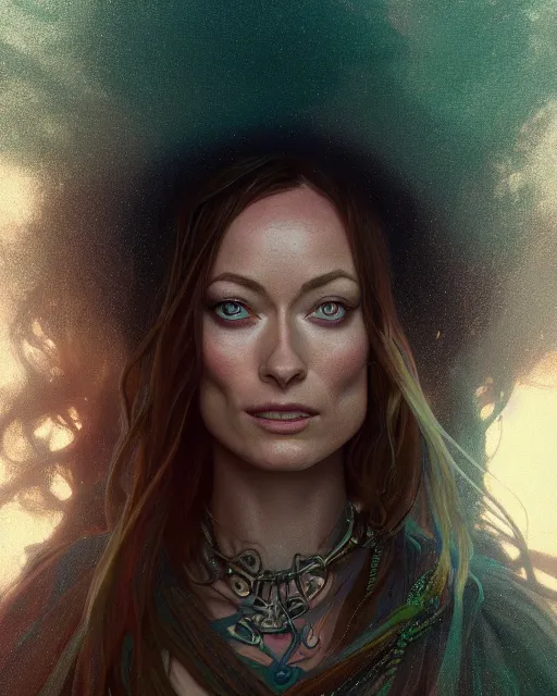 Image similar to highly detailed vfx portrait of olivia wilde as a witch, stephen bliss, unreal engine, greg rutkowski, loish, rhads, beeple, makoto shinkai and lois van baarle, ilya kuvshinov, rossdraws, tom bagshaw, alphonse mucha, global illumination, detailed and intricate environment