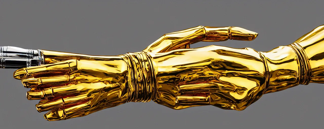 Image similar to a closeup of a gold robot hand holding a fountain pen, hyper realistic