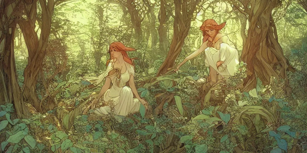 Image similar to an elvish Fairy house in the Woods, fantasy, art nouveau, daylight, warm light, spring, studio ghibli, Moebius, alphonse mucha, siya oum, ultra detailed, High definition, Sharp, artstation