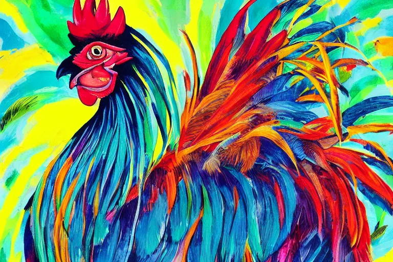 Image similar to illustration of an ominous rooster with feathers of many colors, by feifei ruan and javier medellin puyou and tim lord, lively colors, portrait, sharp focus, colored feathers, jungle