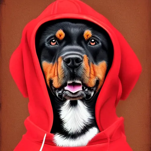 Image similar to Rottweiler wearing a red hoodie, digital art