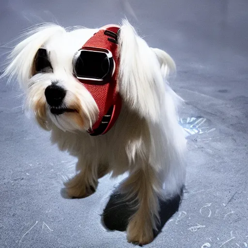 Image similar to a cyberpunk maltese dog