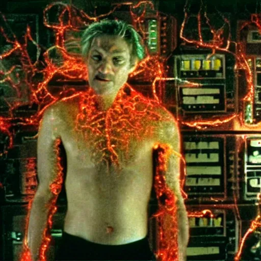 Image similar to scene from existenz, cinematic, a large box made out of human flesh, doom monster, electronic circuitry, skin, flesh!, blood, clumps of hair, lights, led, computer