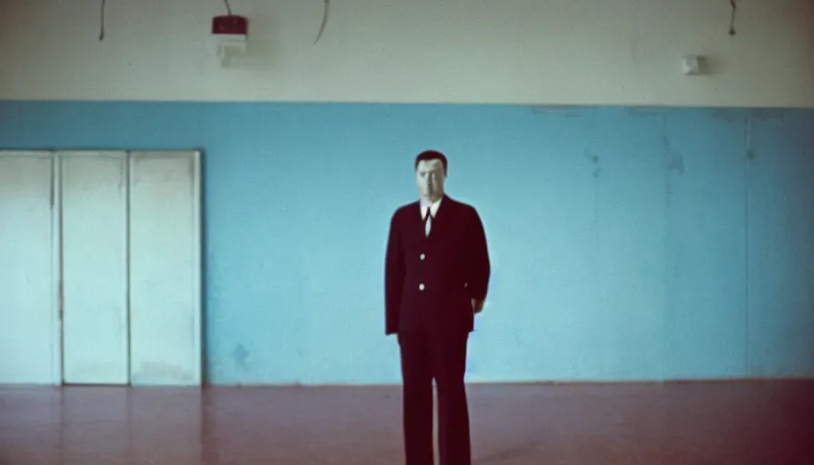 Prompt: 60s movie still of a sovietic stalinist style empty blue ballroom with one man standing, cinestill 800t 50mm eastmancolor, liminal Space style, heavy grain-s 150