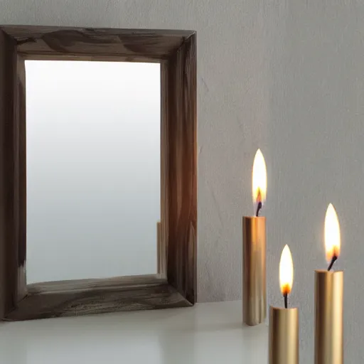 Image similar to lit candle between 2 mirrors, realistic, ultra high quality, reflective