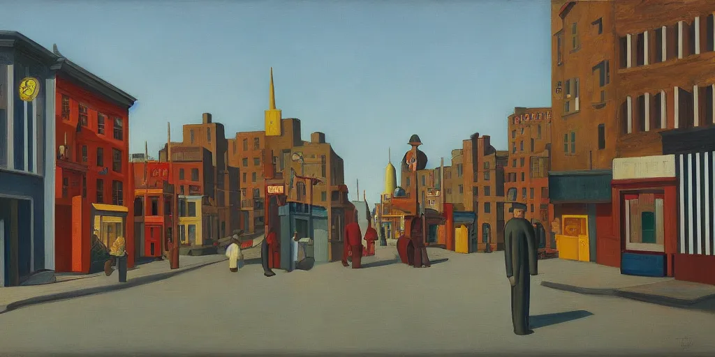 Prompt: toylike town, street elevation, market, grant wood, pj crook, edward hopper, oil on canvas