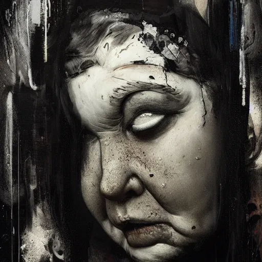 Image similar to portrait of the face of big fat old sumoringer as despair from sandman, venus of willendorf, by jeremy mann, by gregory crewdson, by bastien lecouffe deharme, by russ mills, sad face, topknot, black hair, mourning, black eyes, white room, soft lightning, high detailed, 8 k