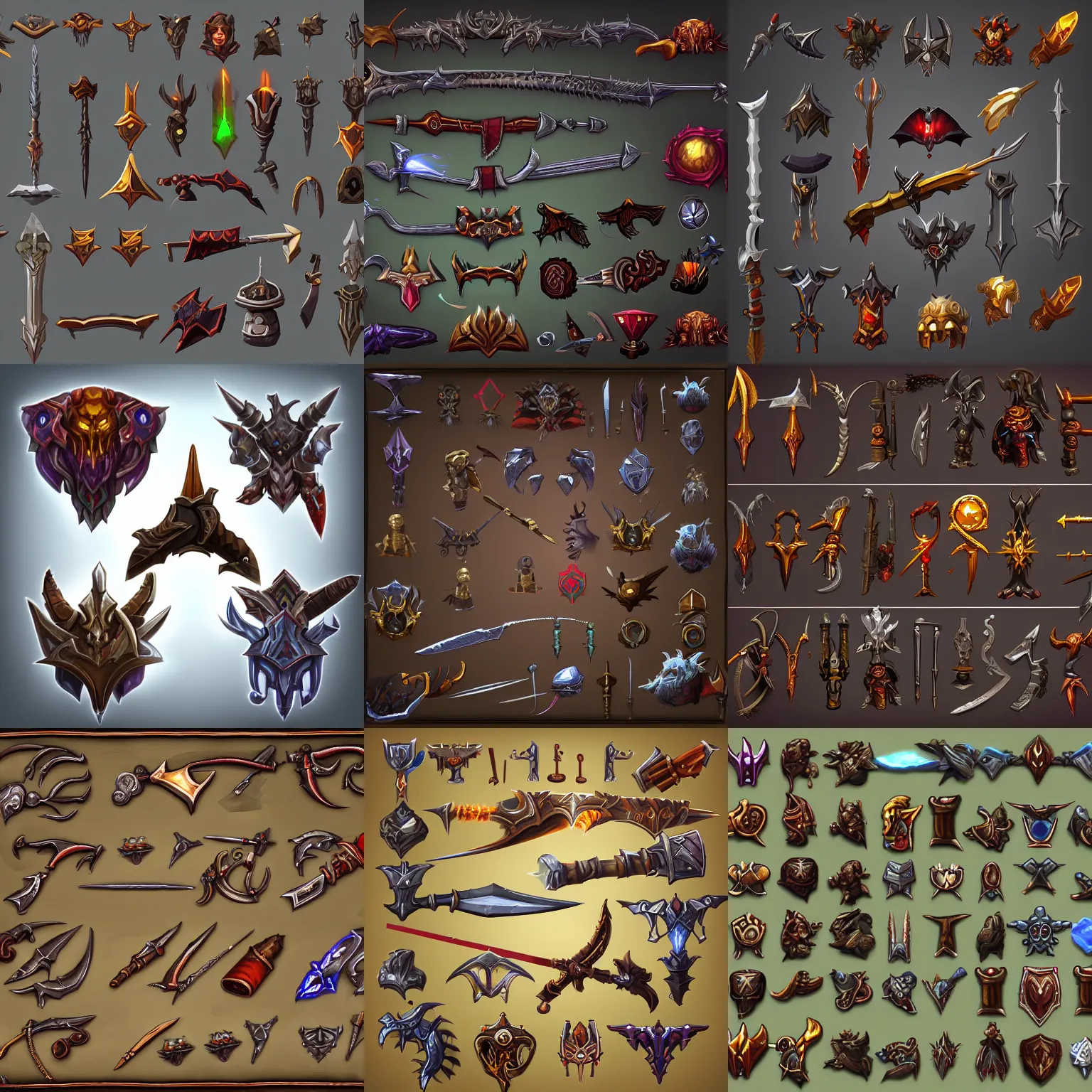 Prompt: collection of magic weapons on transparent background, 2 d game assets, diablo style