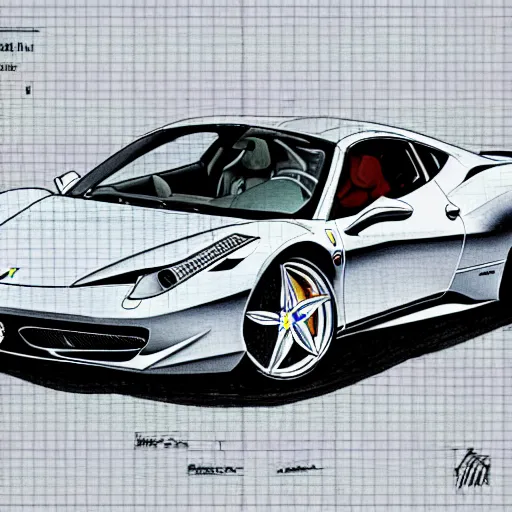 Prompt: ferrari 4 5 8 italia schematics by leonardo da vinci