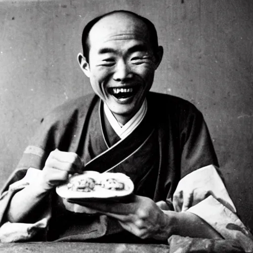 Image similar to a photo of a ecstatic man from qing empire eating a hamburger, award winning photo, high quality