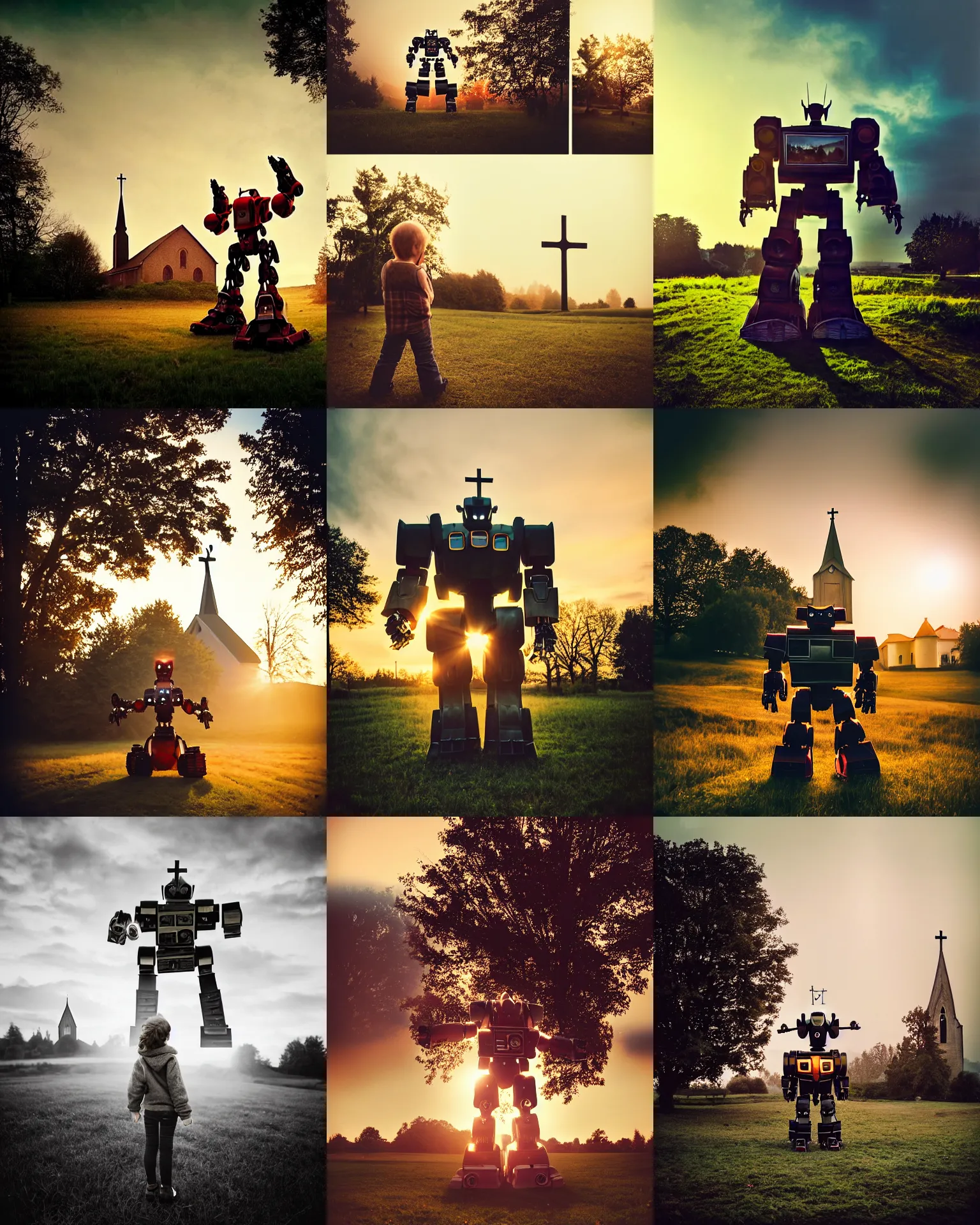 Prompt: giant oversized battle pose robot mech as giant baby on a village, tree in far background, church in background, dramatic sunset, Cinematic focus, Polaroid photo, vintage, neutral colors, soft lights, foggy, by Steve Hanks, by Serov Valentin, by lisa yuskavage, by Andrei Tarkovsky