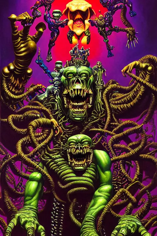 Image similar to a hyperrealistic painting of an epic boss fight against an ornate supreme dark overlord, cinematic horror by the art of skinner, chris cunningham, lisa frank, richard corben, highly detailed, vivid color,