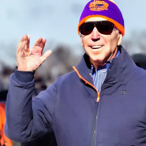 Prompt: joe Biden looking fresh with his newest waves on the hair while wearing orange puff jacket and purple durag, phone photo