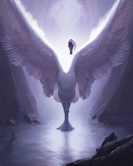 Image similar to Swan, Anthropomorphized, Angelic, Magical, Priest, D&D, artstation, fantasy, magic the gathering artwork, cinematic lighting, centered, symmetrical, highly detailed, digital painting, , concept art, smooth, sharp focus, illustration, volumetric lighting, epic Composition, 8k, art by Akihiko Yoshida and Greg Rutkowski and Craig Mullins, oil painting, cgsociety