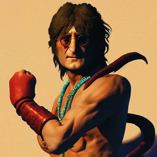 Image similar to john lennon as dhalsim street fighter, ultra realistic, concept art, intricate details, highly detailed, photorealistic, octane render, 8 k, unreal engine, art by frank frazetta, simon bisley, brom