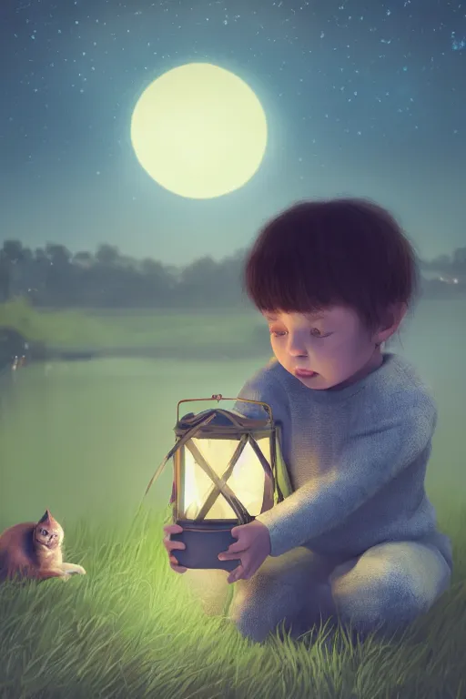 Prompt: a little boy carrying lantern at night, cute cat sits beside, photorealistic face and skin tones, dreamy moonlit nightscape by the garden, lake house, smooth, matte colors, trending on artstation, 4 k, 8 k