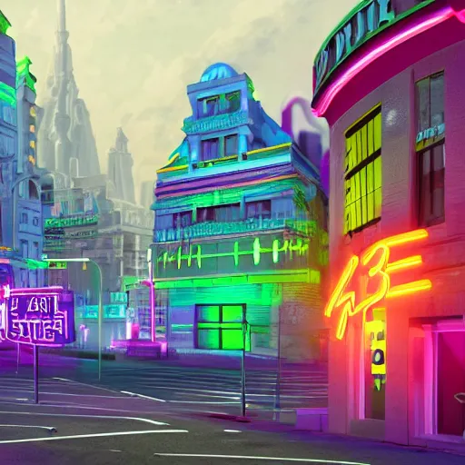 Prompt: A 3D render of a city disaster distopia of various people running around with vivd neon colors, building, street signs, explosions, with a lot of details and elements, 4k, surrealism Dalí